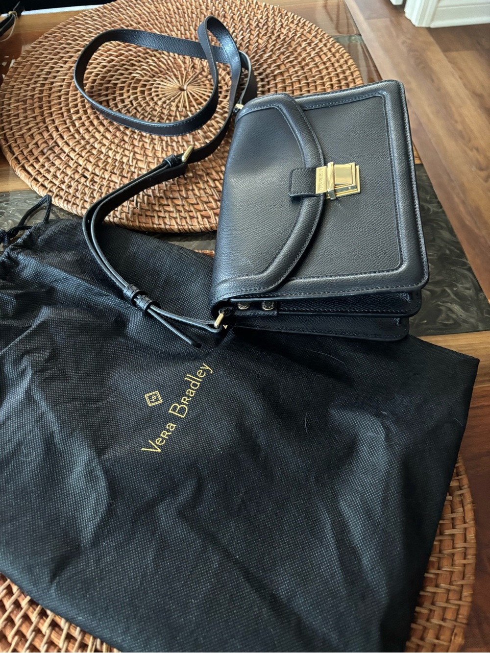 Vera Bradley Black Leather Crossbody with Gold-Tone Clasp